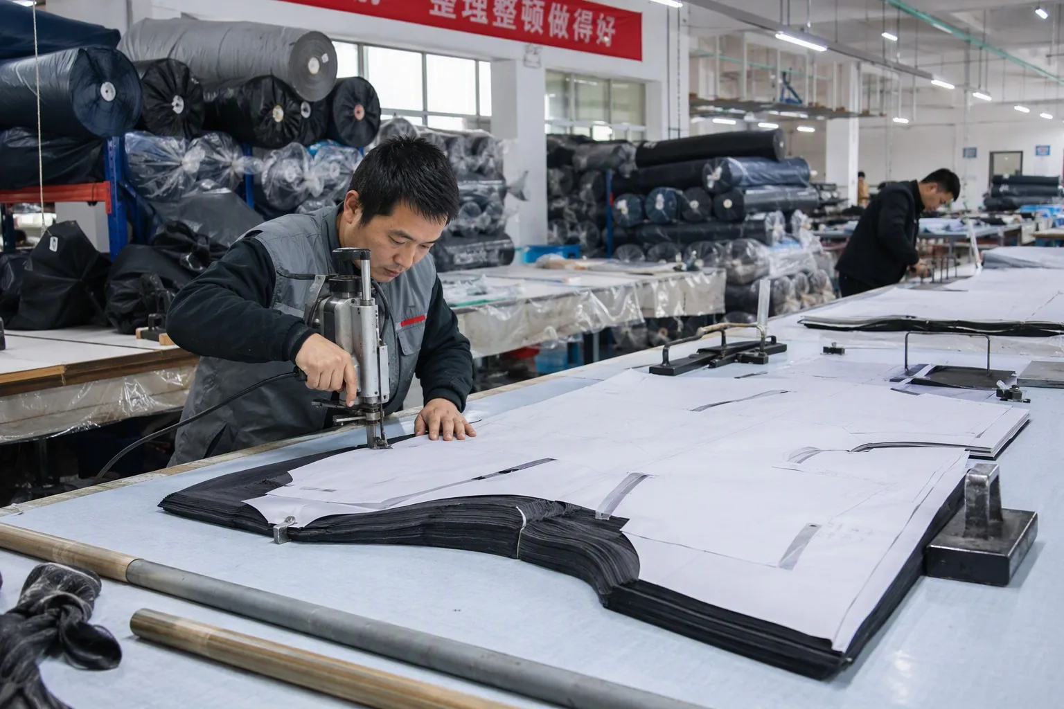 Backpack factory cutting room with stacked fabric rolls