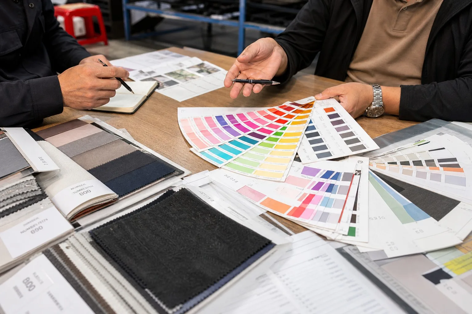 Fabric color swatch cards and material samples on factory desk