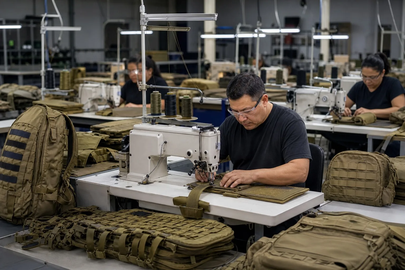 Workers sewing heavy-duty tactical fabric in factory