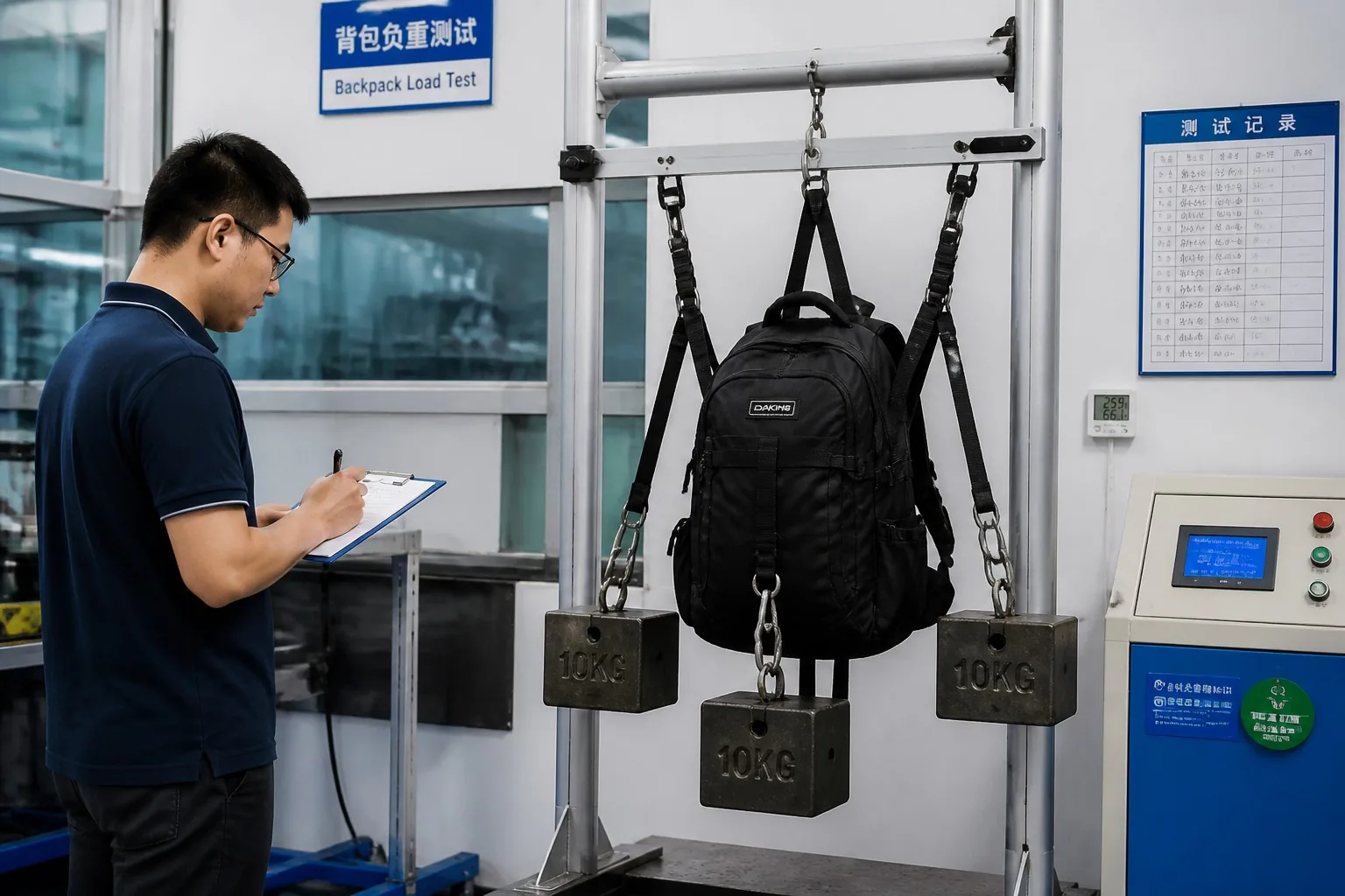 Backpack load test with weights on straps in factory