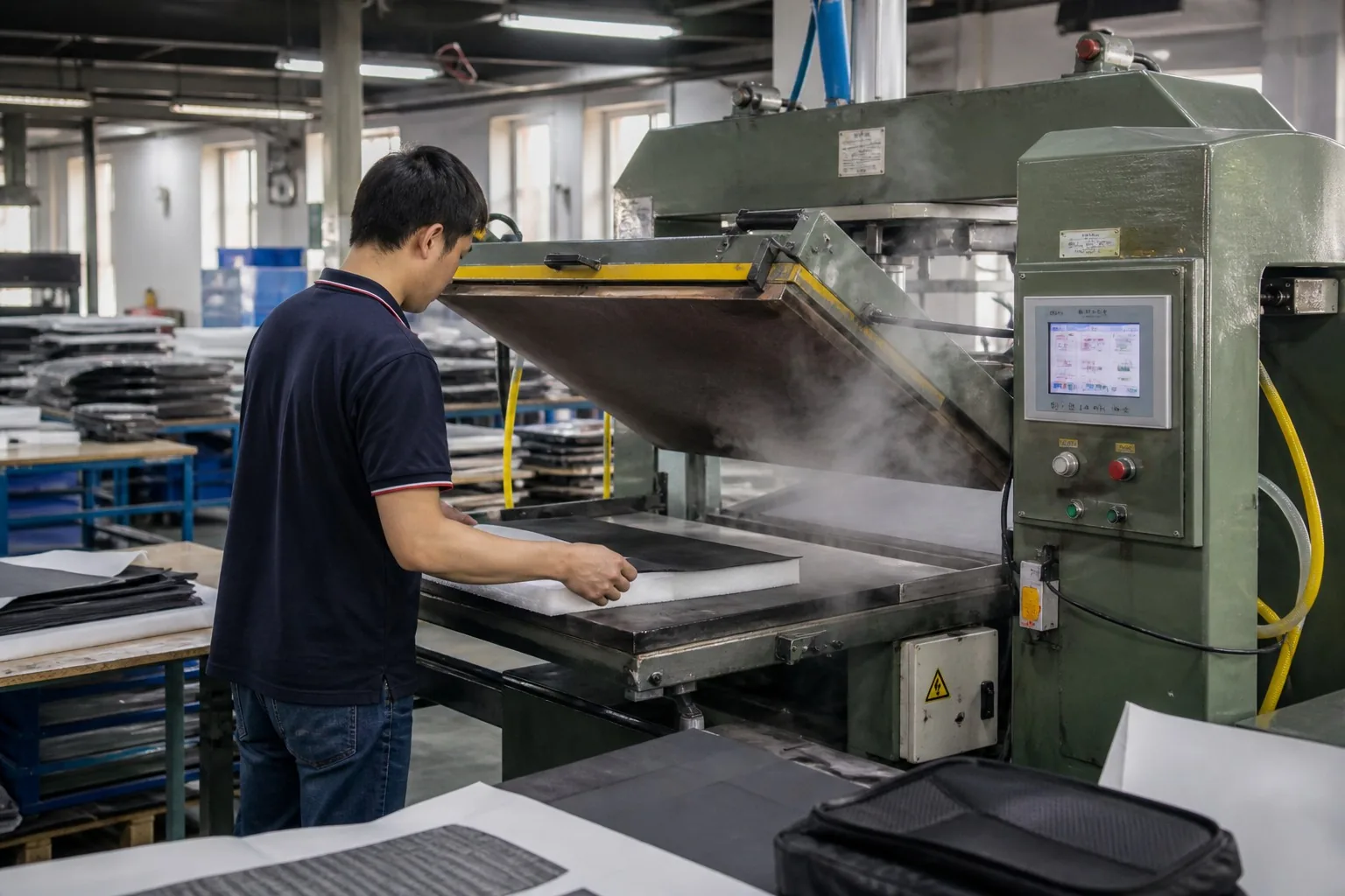 Heat press bonding foam to fabric panel in factory