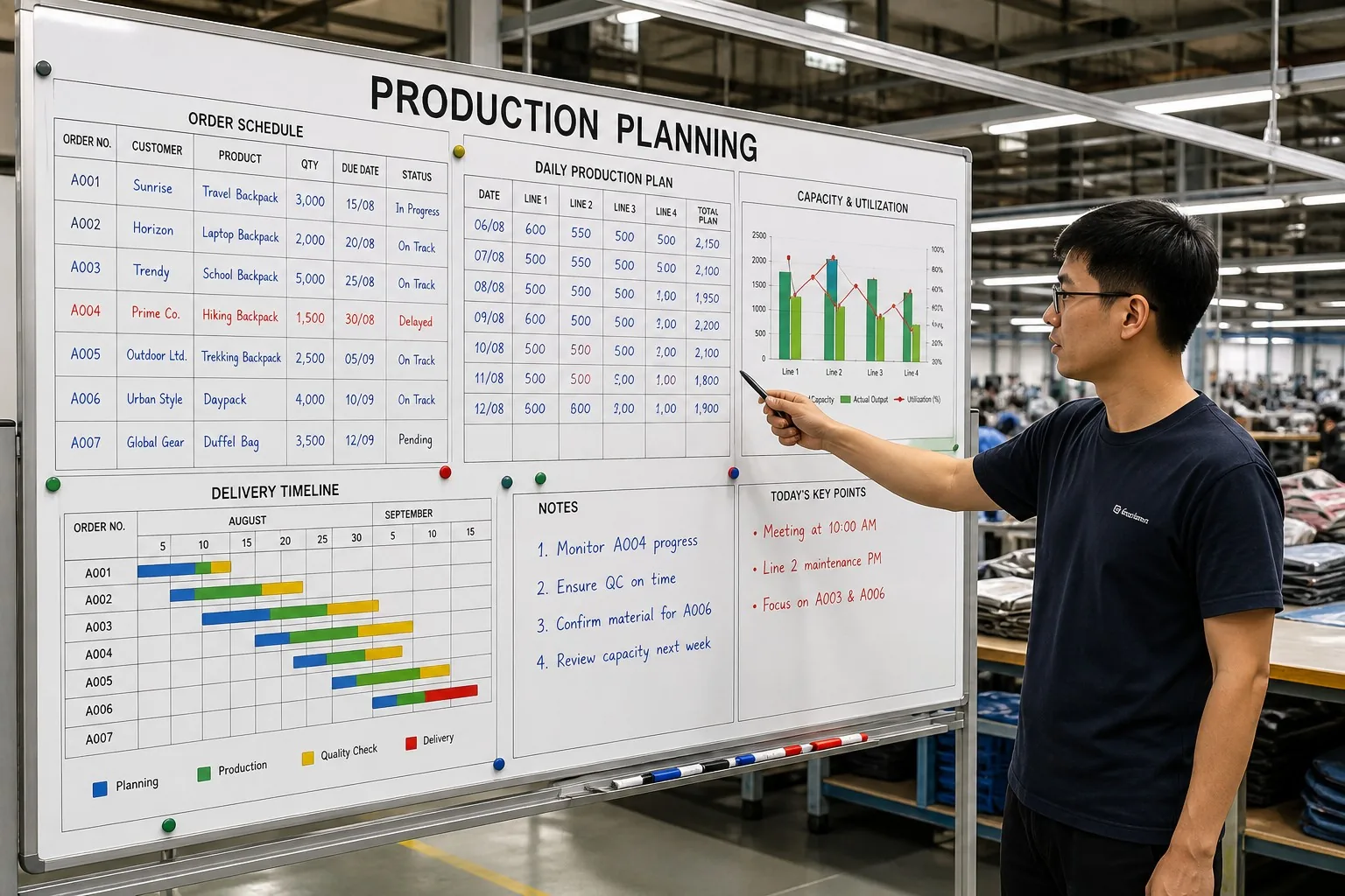 Production planning board with order schedule and capacity charts