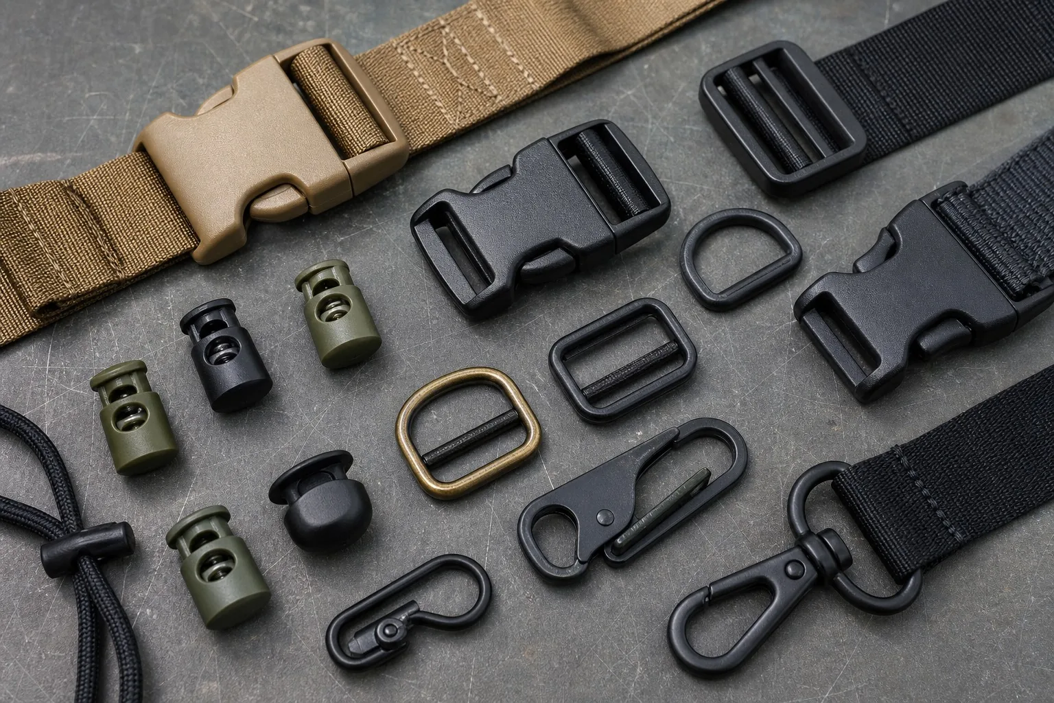 Assorted backpack hardware components on a workbench