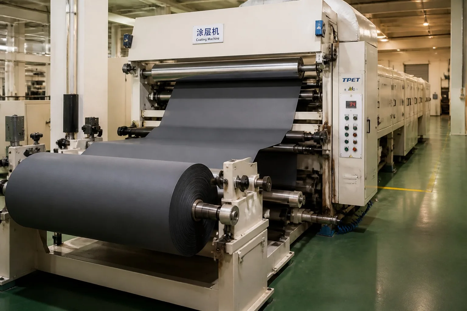 Fabric roll passing through an industrial PU coating machine