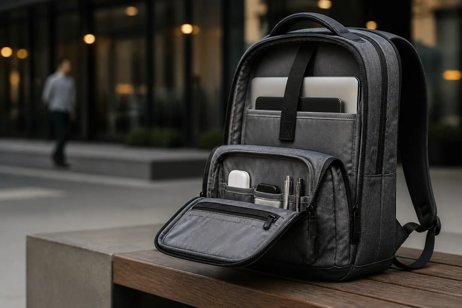 Sleek laptop backpack with padded compartment on urban setting