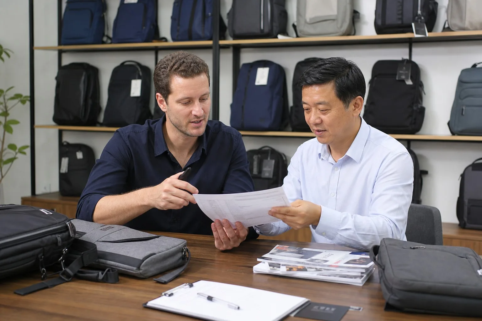 Importer and factory manager reviewing product samples in showroom