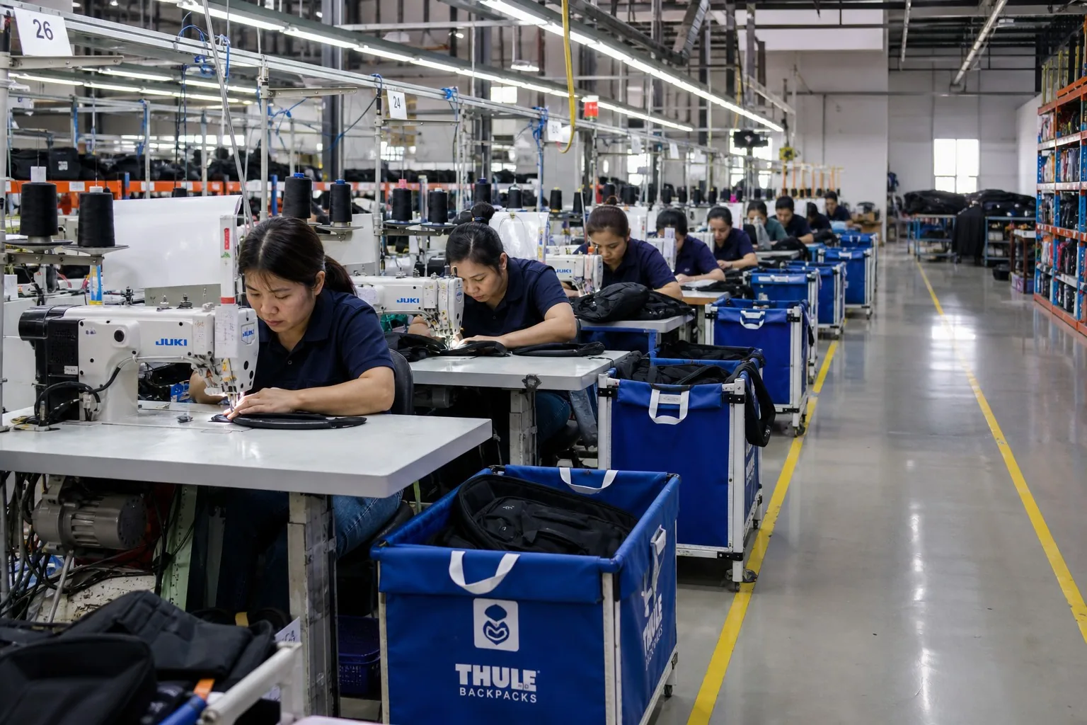 Row of industrial sewing machines in backpack factory sewing line