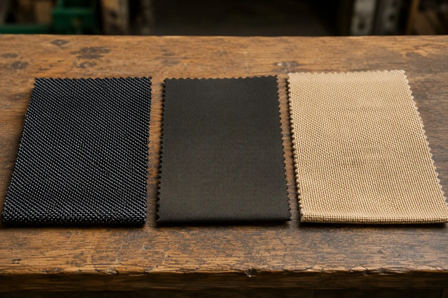 Three fabric swatches compared: nylon, polyester, canvas
