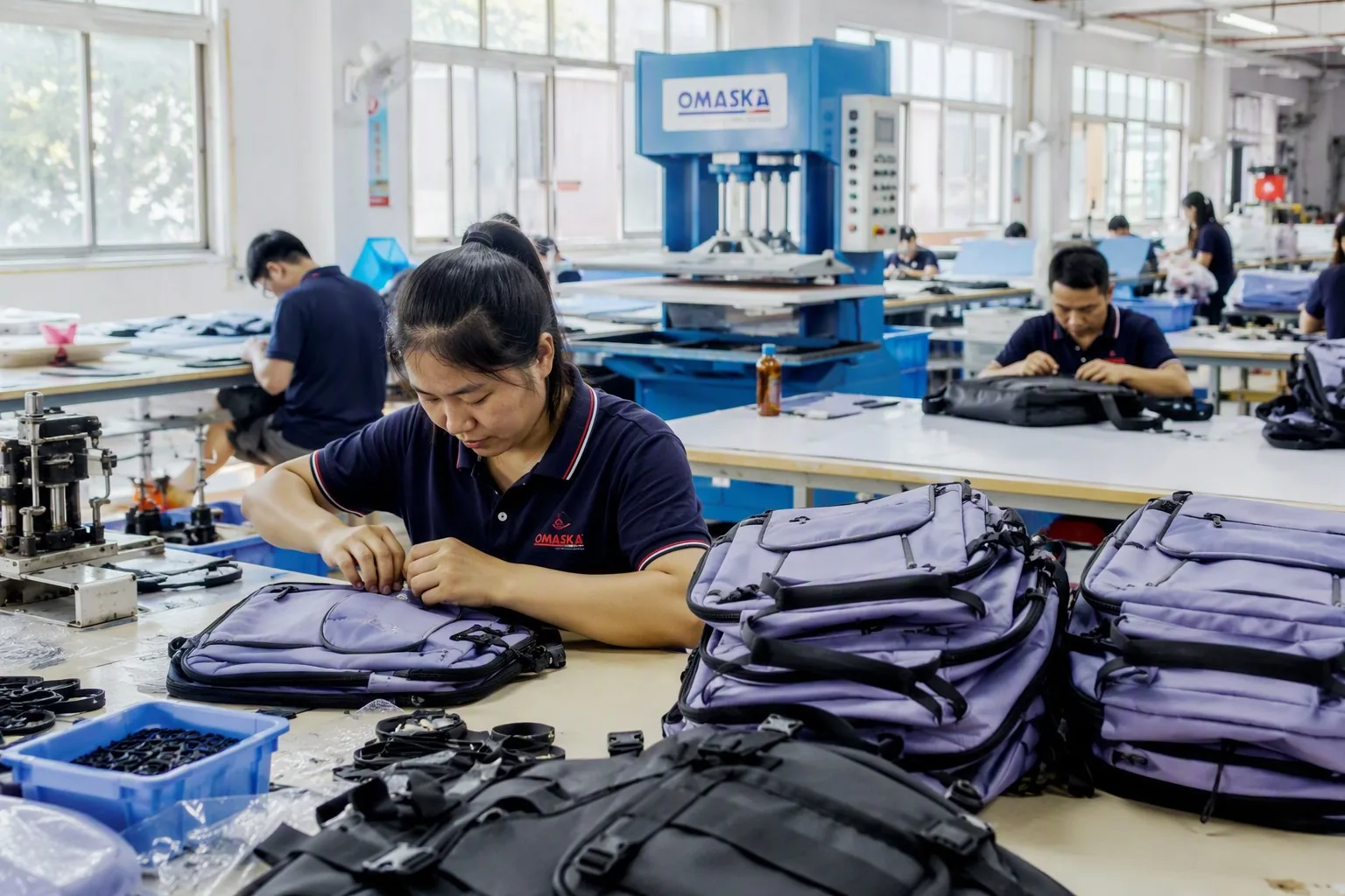 Backpack factory assembly station with heat pressing machine