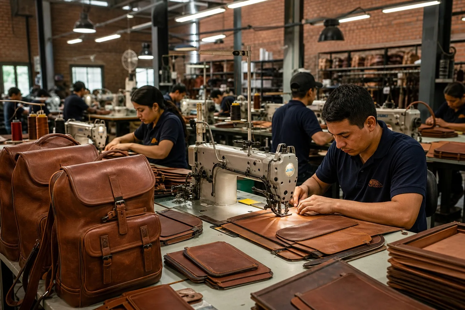 Workers sewing leather panels in backpack factory
