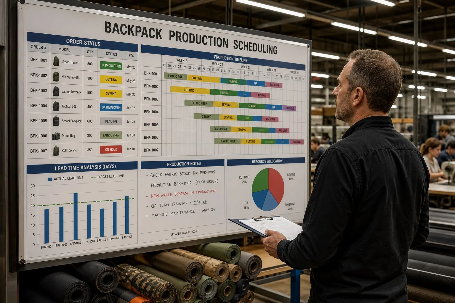 Production scheduling board with order status in factory