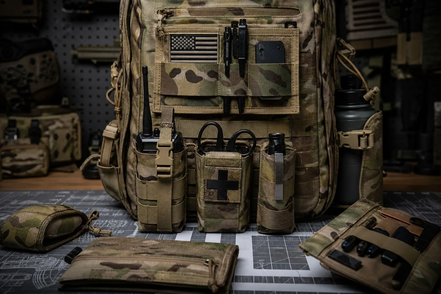 Modular tactical pouches attached to MOLLE grid