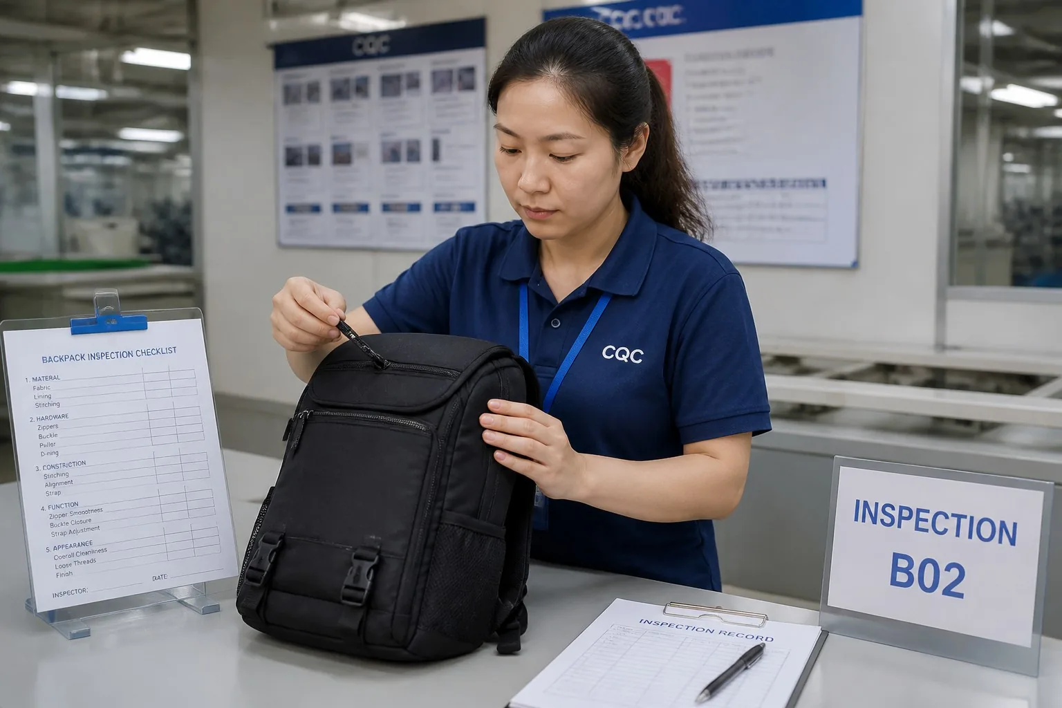Inspector testing backpack zipper and buckle function