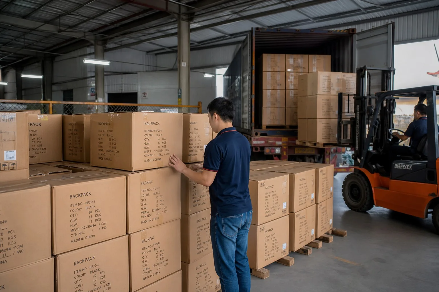 Packed export cartons at factory warehouse loading area