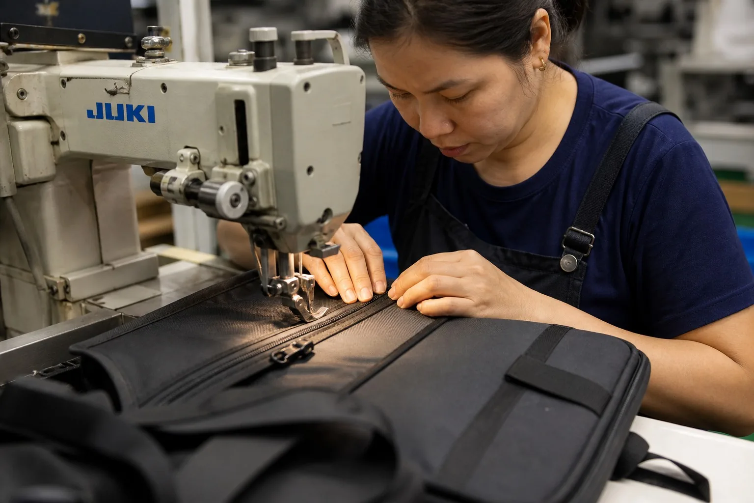 Worker installing a zipper onto a backpack panel in the factory