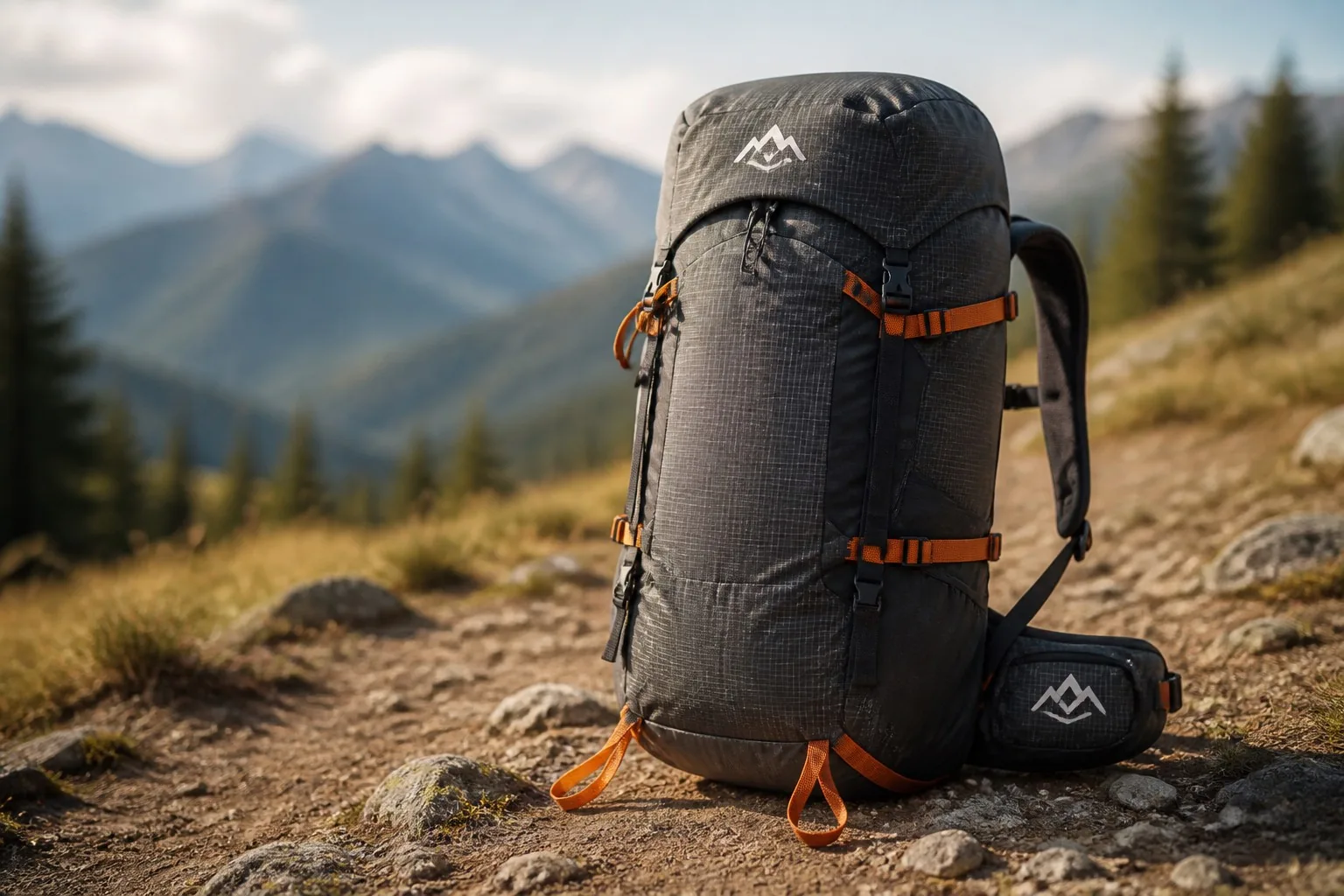 Hiking backpack with external straps on mountain trail