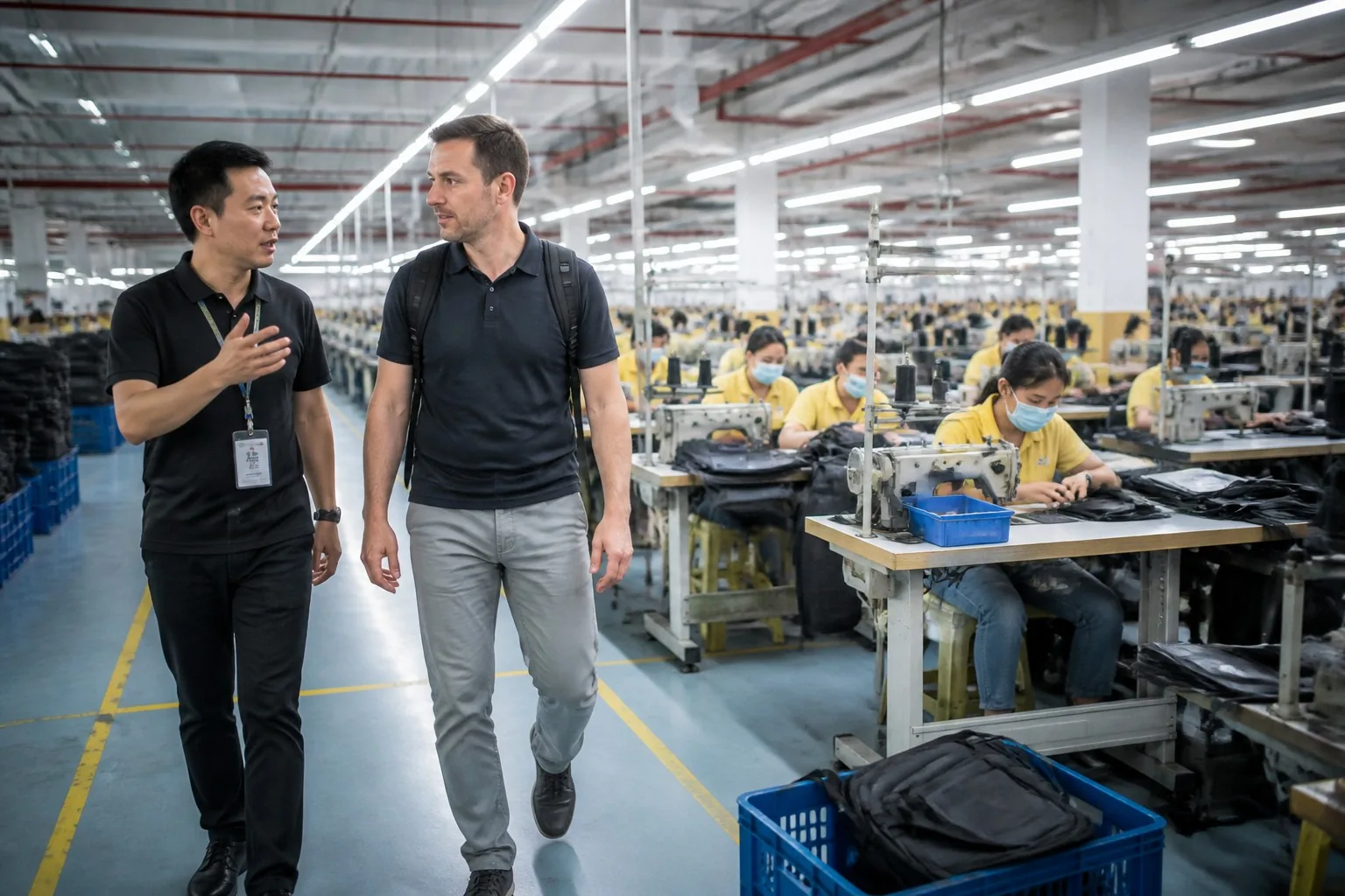 Buyer walking through backpack factory production workshop