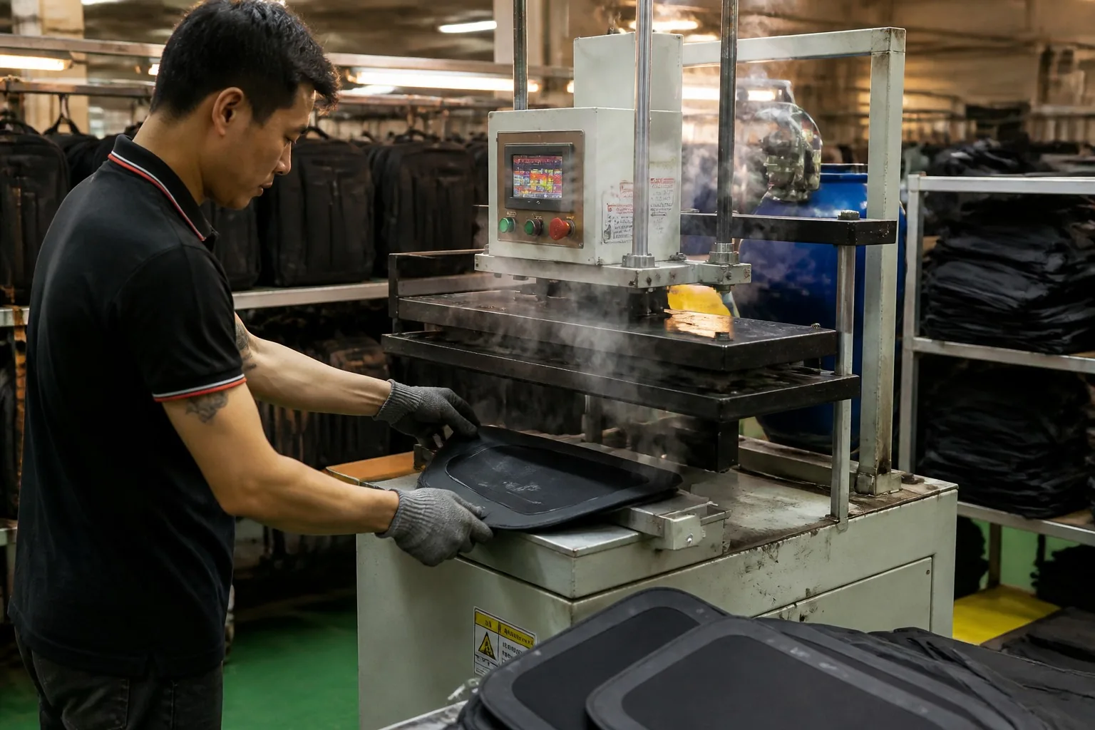 Operator loading fabric panel into heat press
