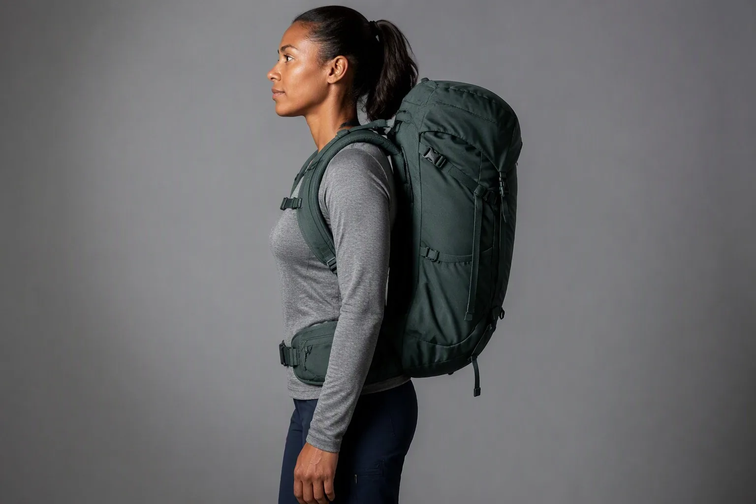 Person wearing a fitted hiking backpack showing proper fit