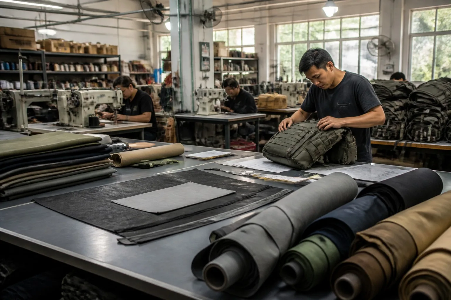 Backpack factory cutting room with stacked fabric rolls