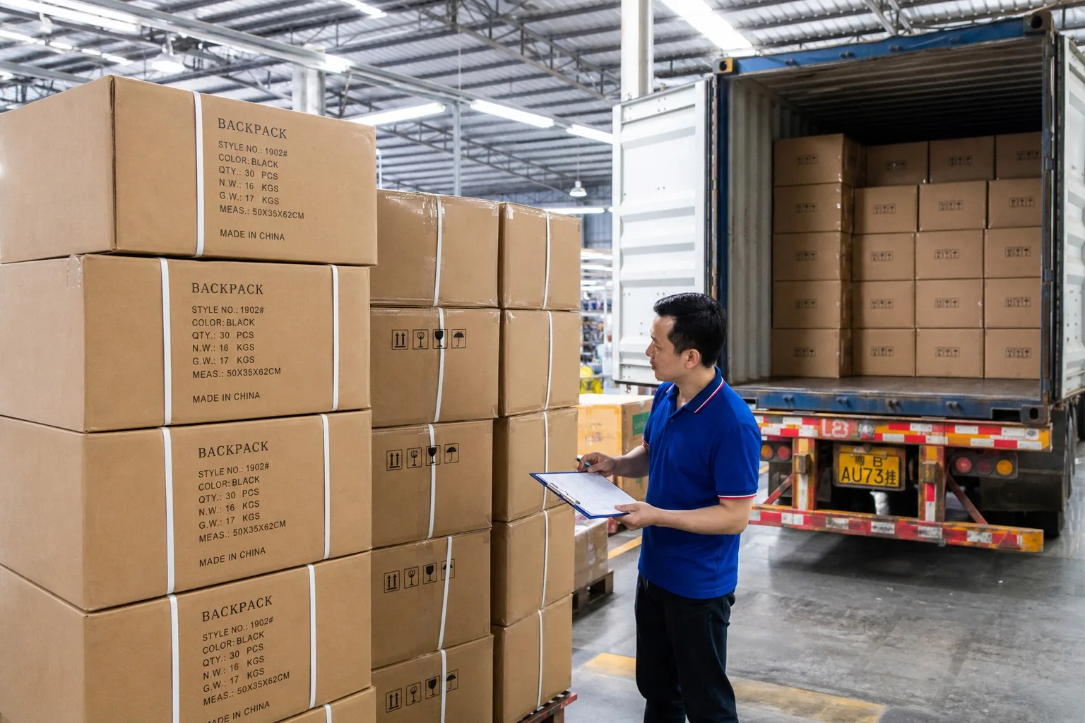 Packed export cartons with finished backpacks at loading area