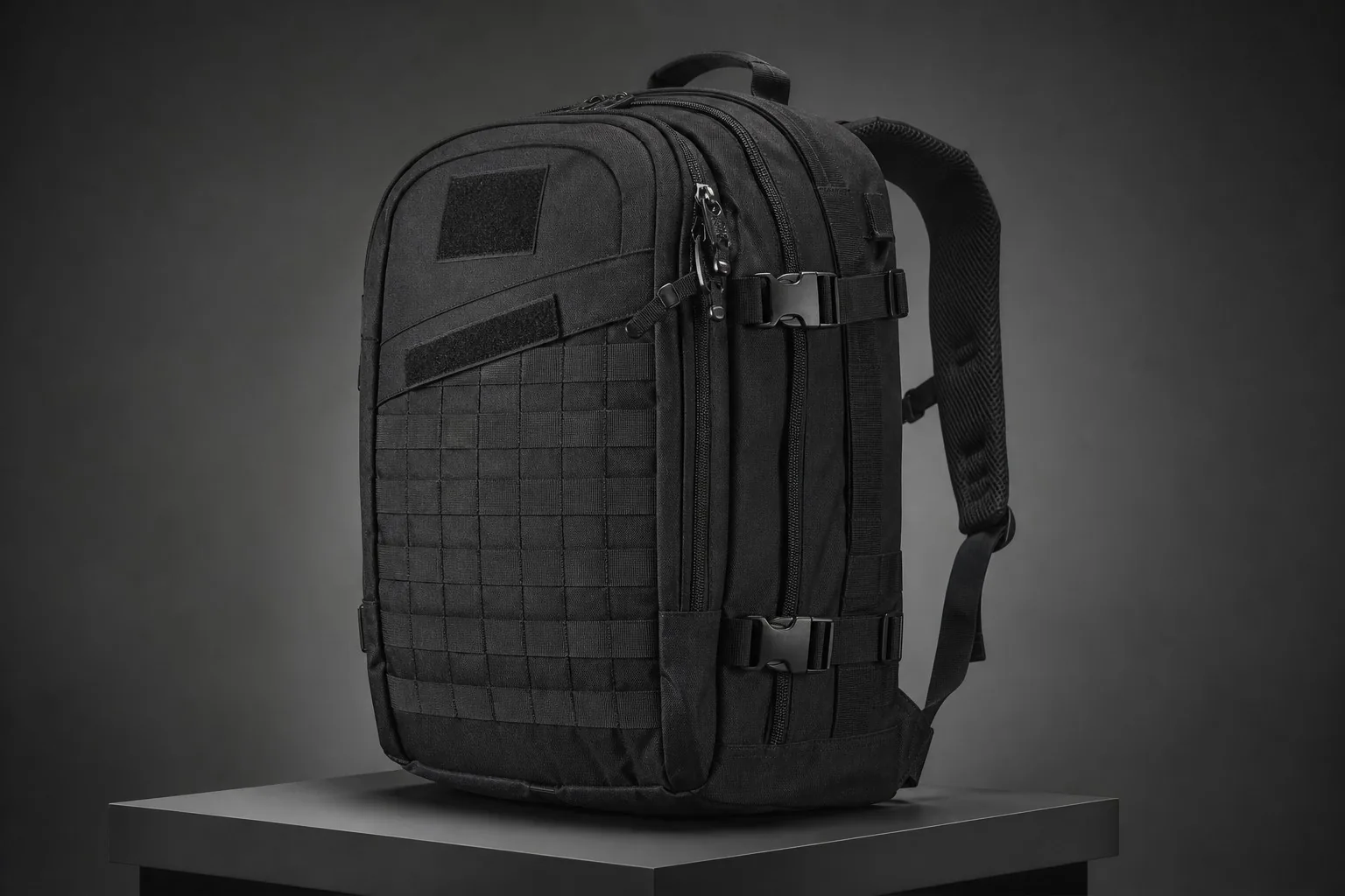 Finished tactical backpack on display stand