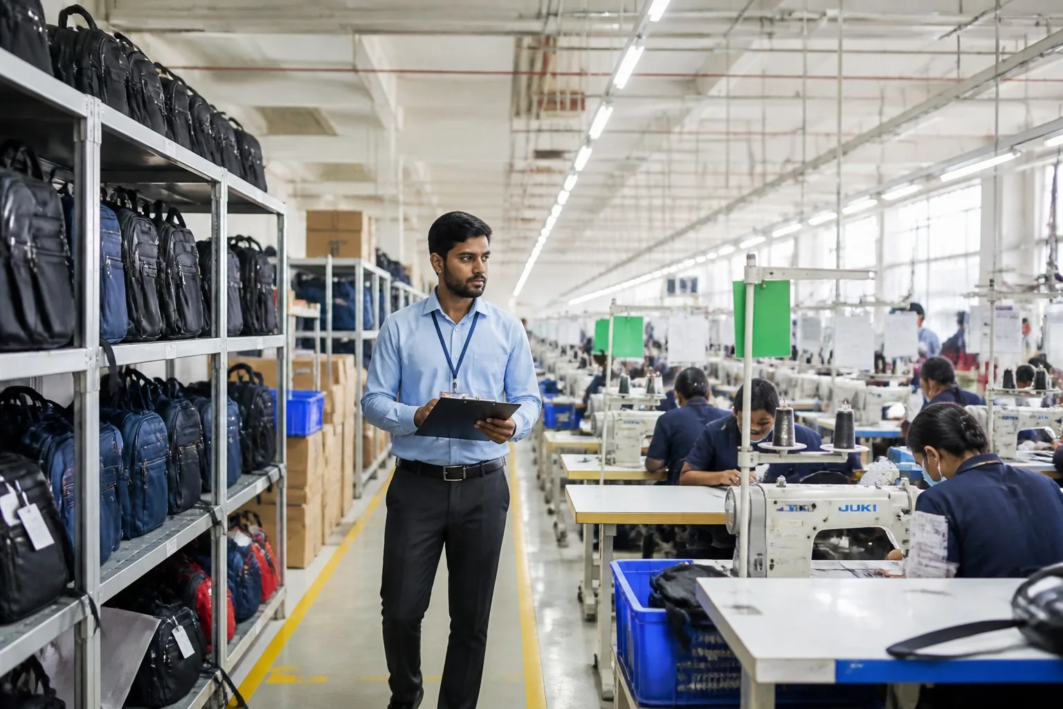 Factory auditor walking production floor with clipboard