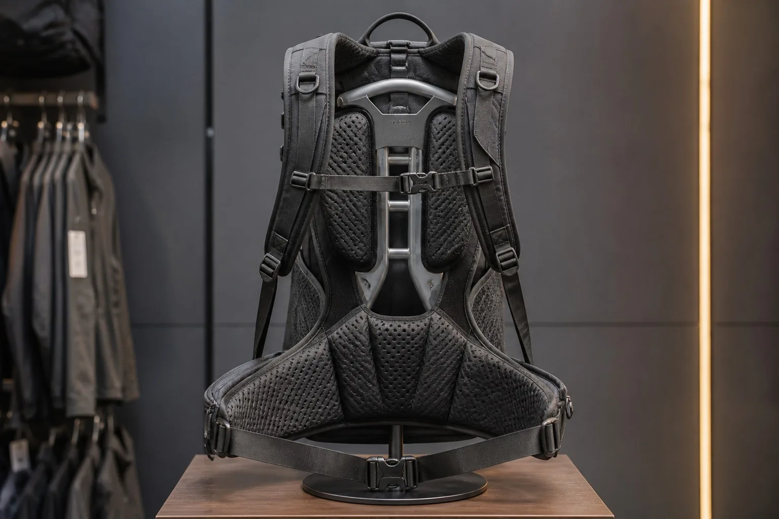 Ergonomic backpack back panel with ventilated EVA padding on stand