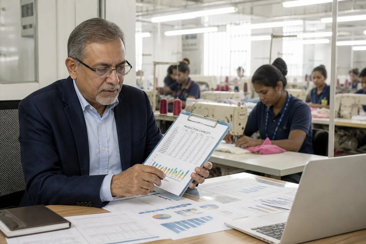 Factory manager reviewing capacity data with operators in background