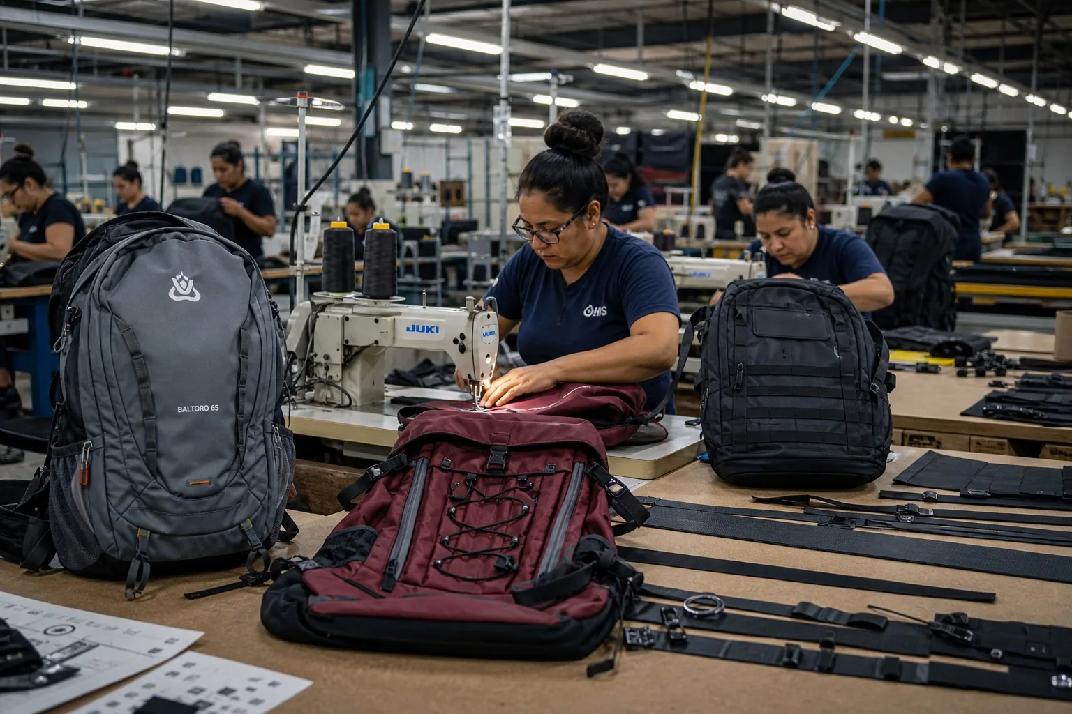 Three backpack types at different assembly stages in factory