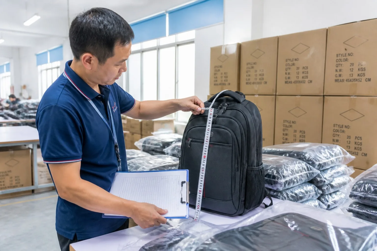 Inspector checking finished backpacks during pre-shipment inspection