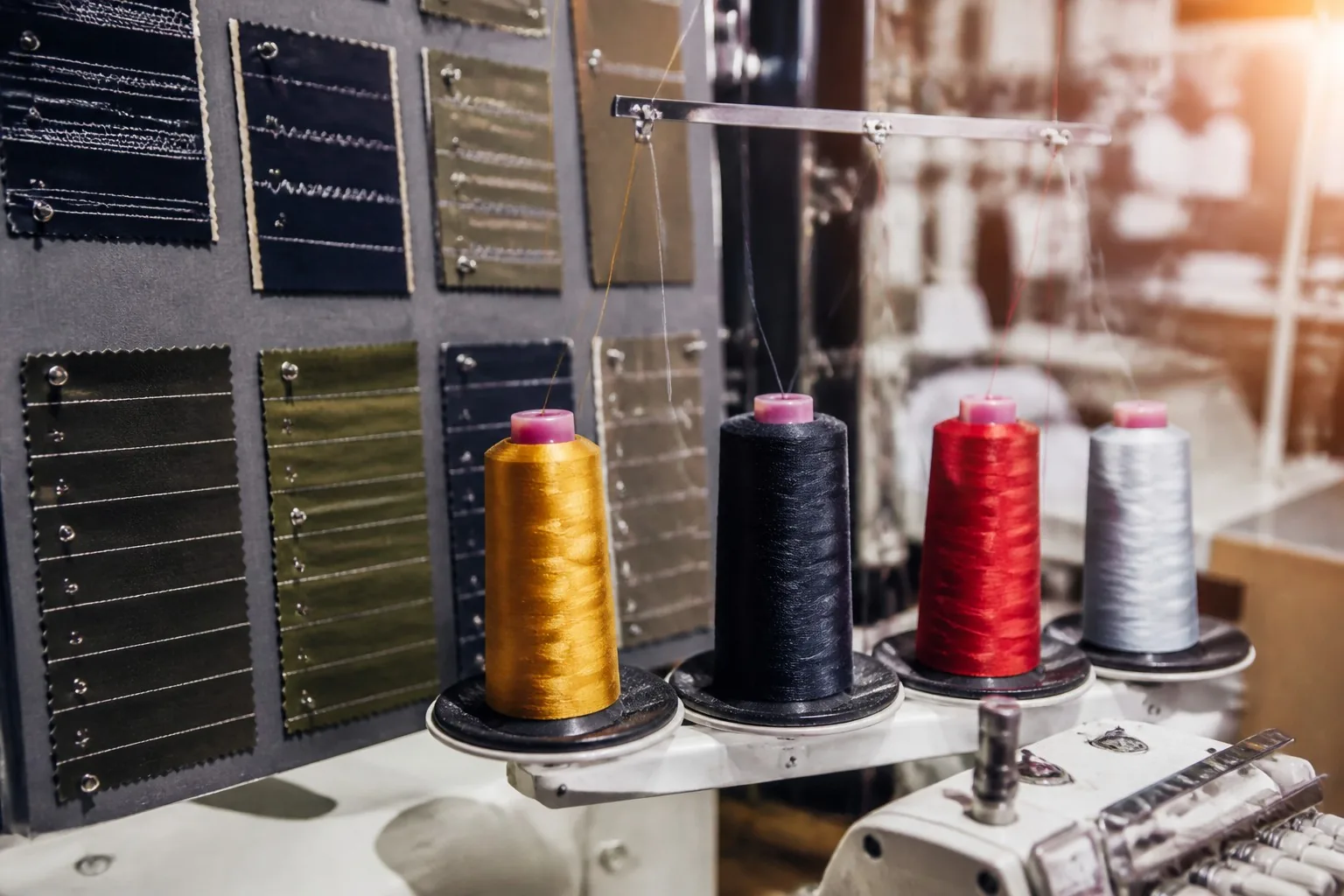 Sewing thread spools and stitch pattern samples in factory