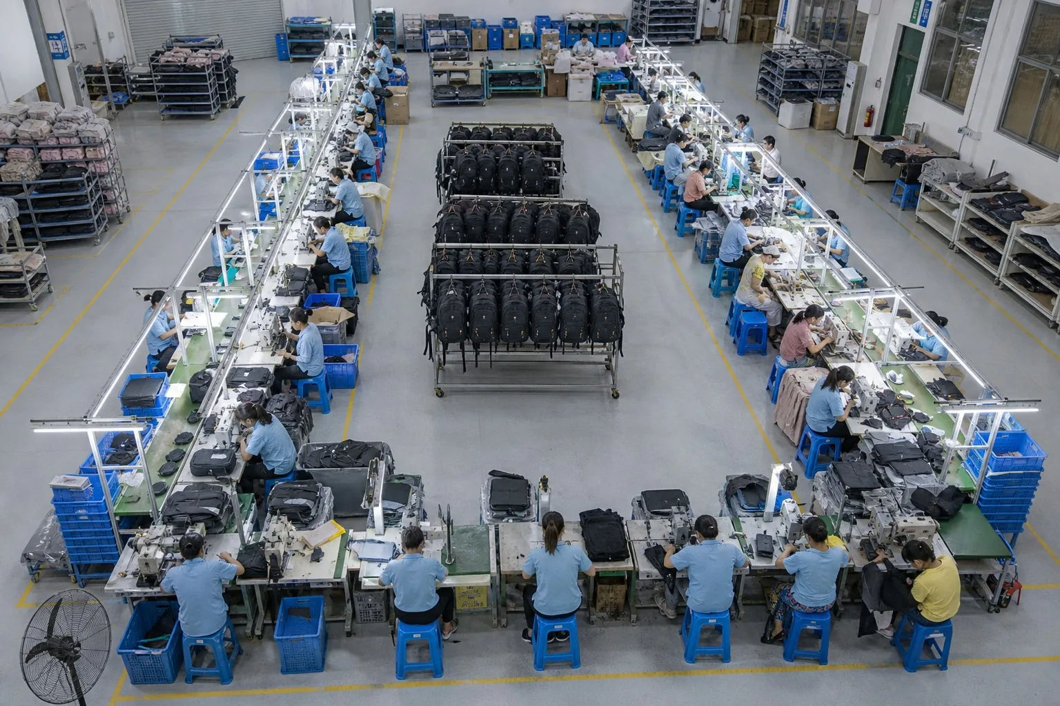 Overhead view of backpack factory U-shape production layout