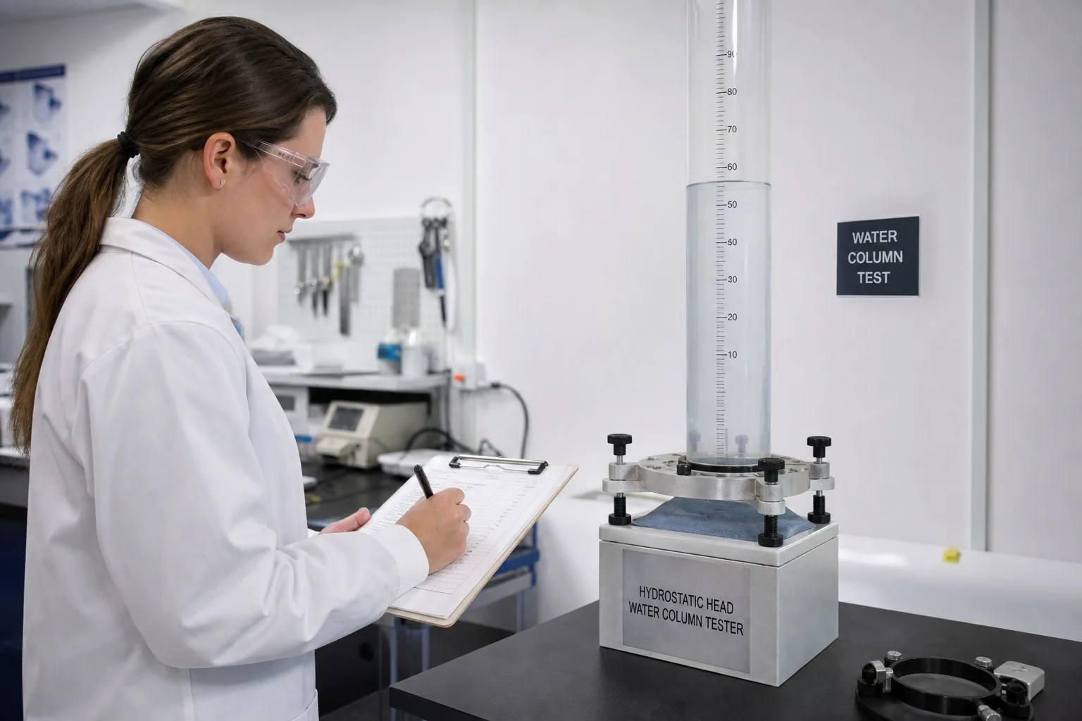 Hydrostatic head water column testing equipment in fabric lab