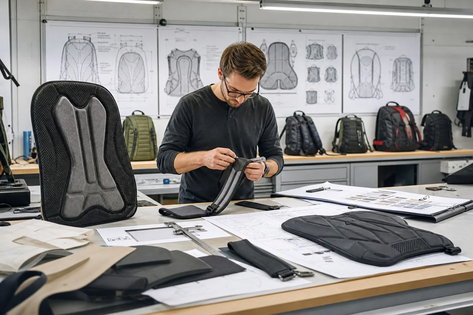 Backpack factory design room with ergonomic prototypes