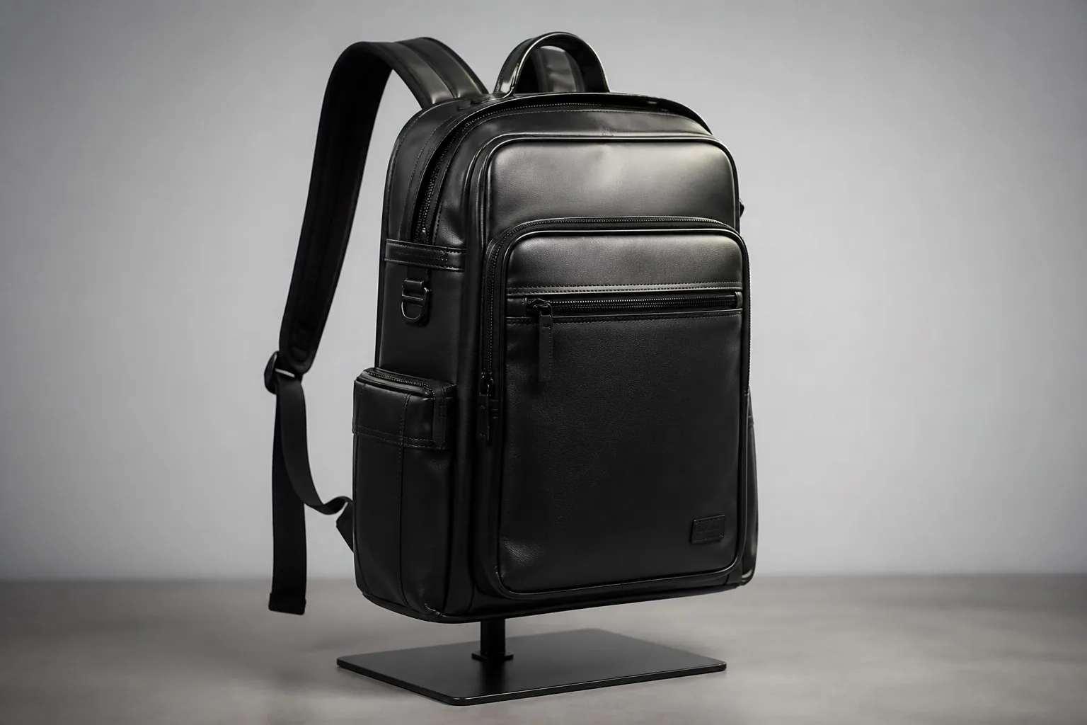 Finished PU leather backpack with nylon accents on display