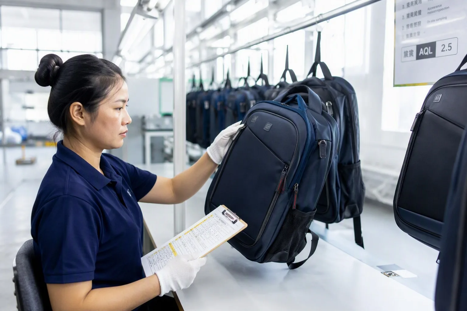 Quality inspection station in a backpack factory