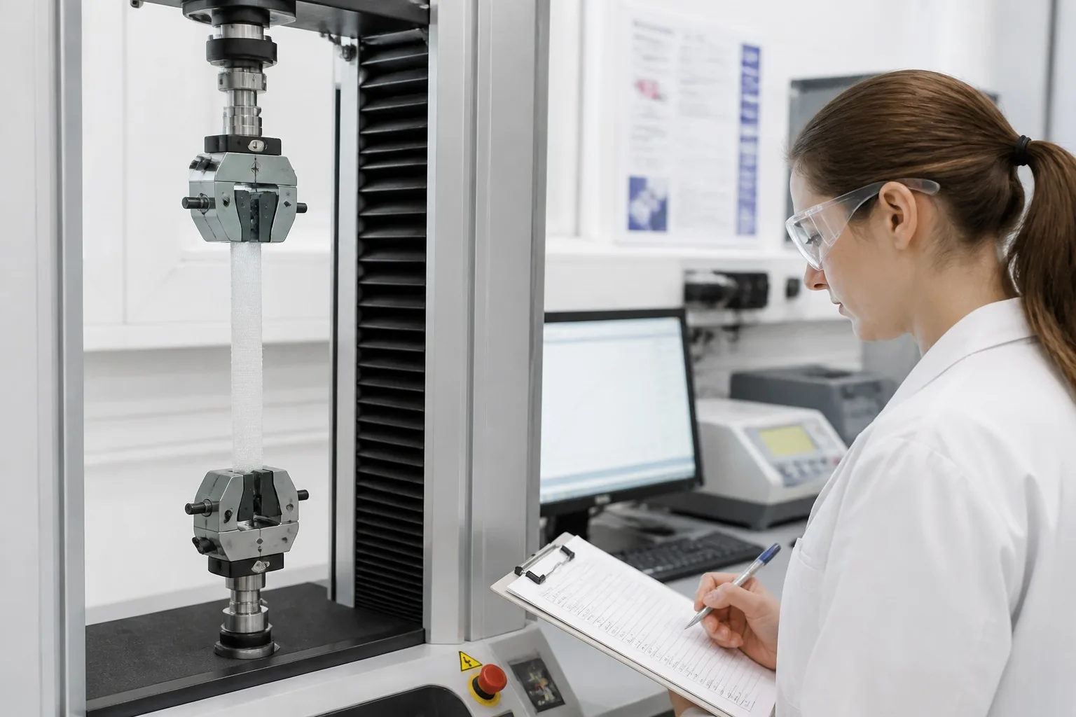 Backpack fabric tensile testing in textile laboratory
