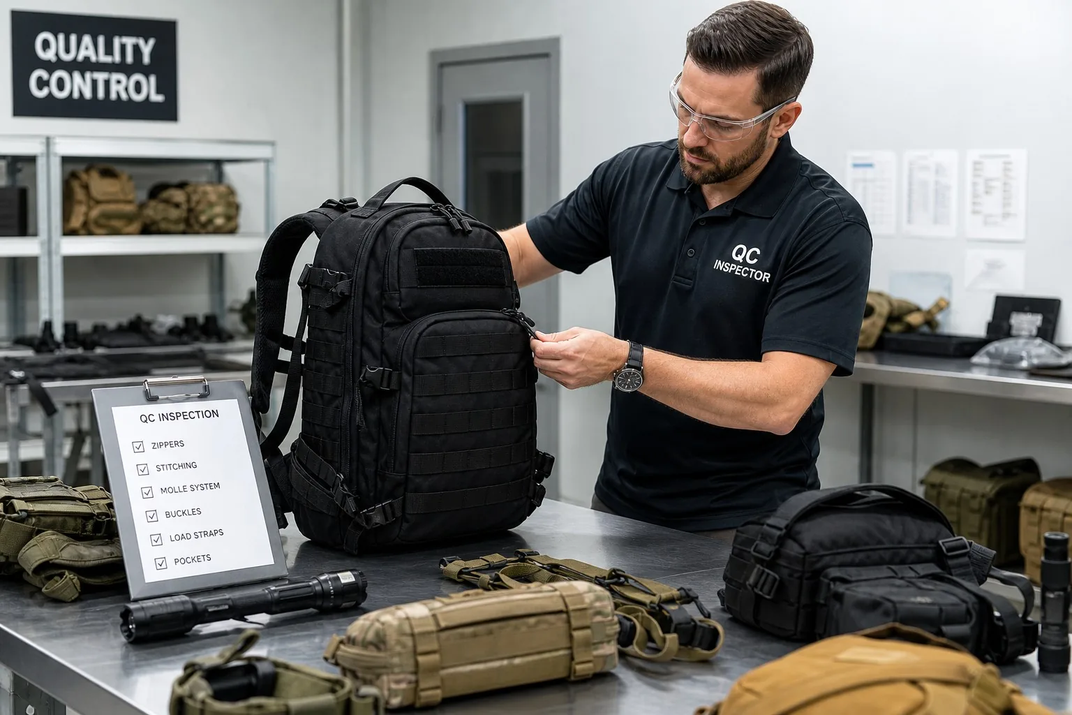 Quality inspector testing tactical backpack zippers and straps