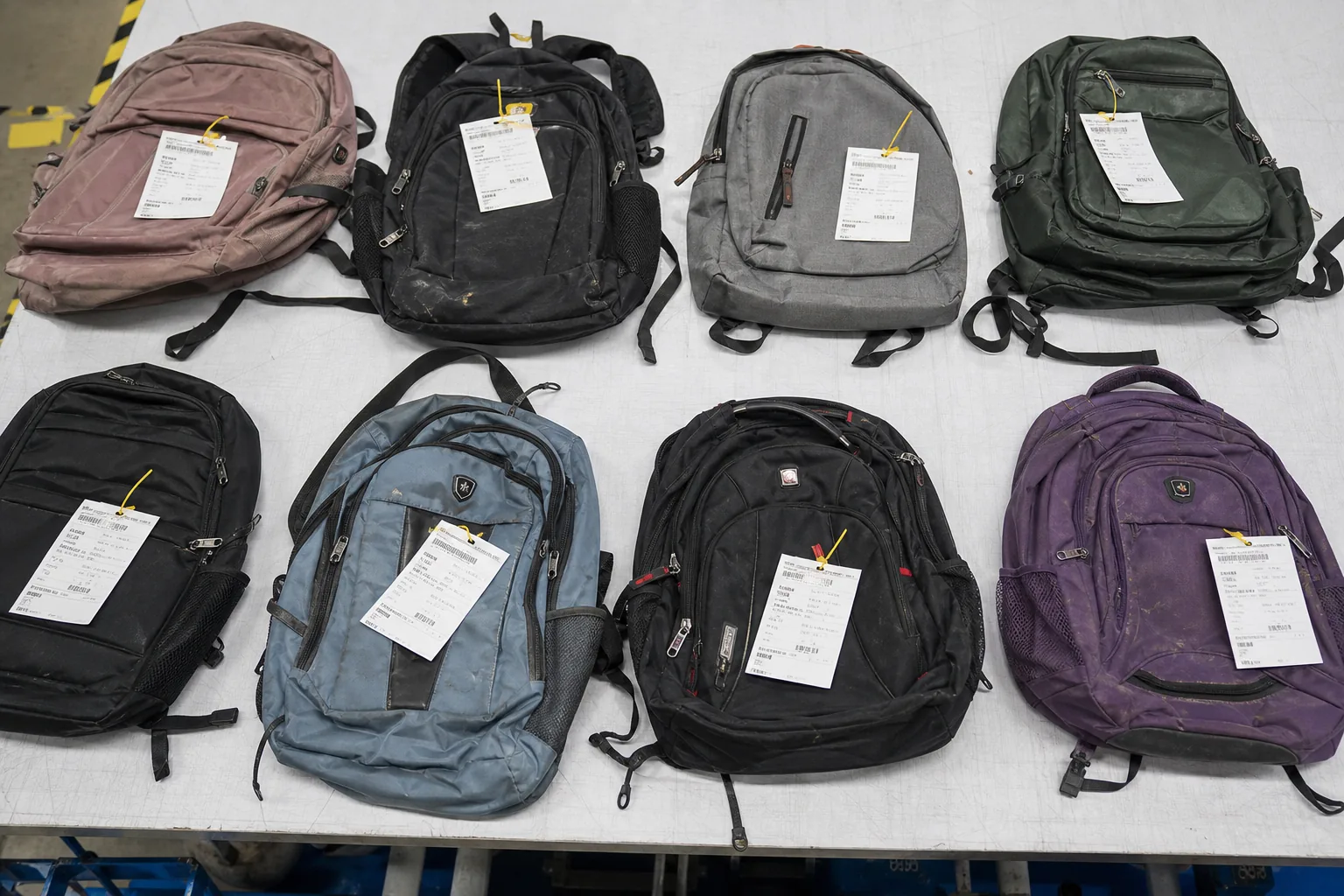 Returned backpacks tagged for inspection in a quality lab