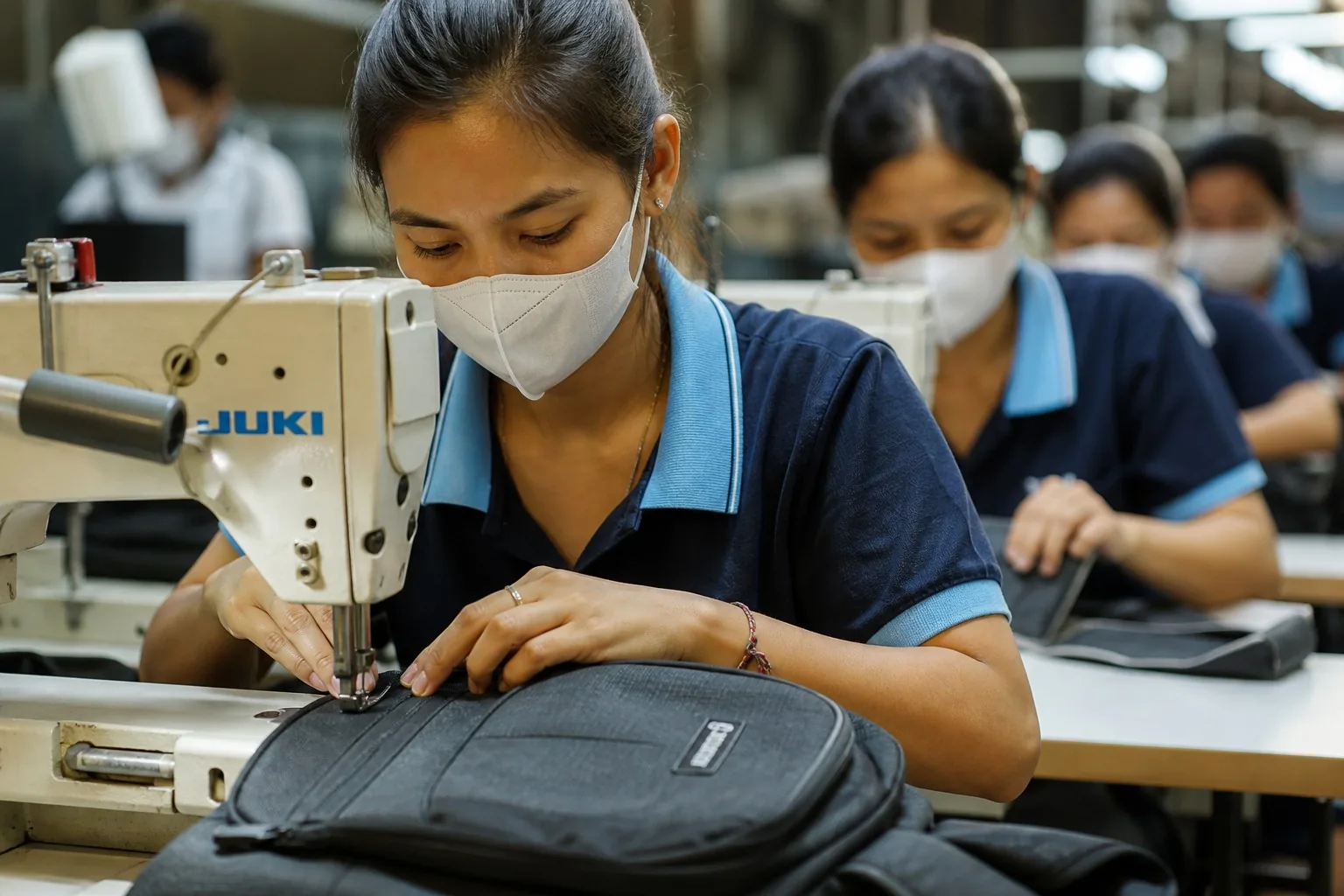 Sewing operator guiding fabric on production line