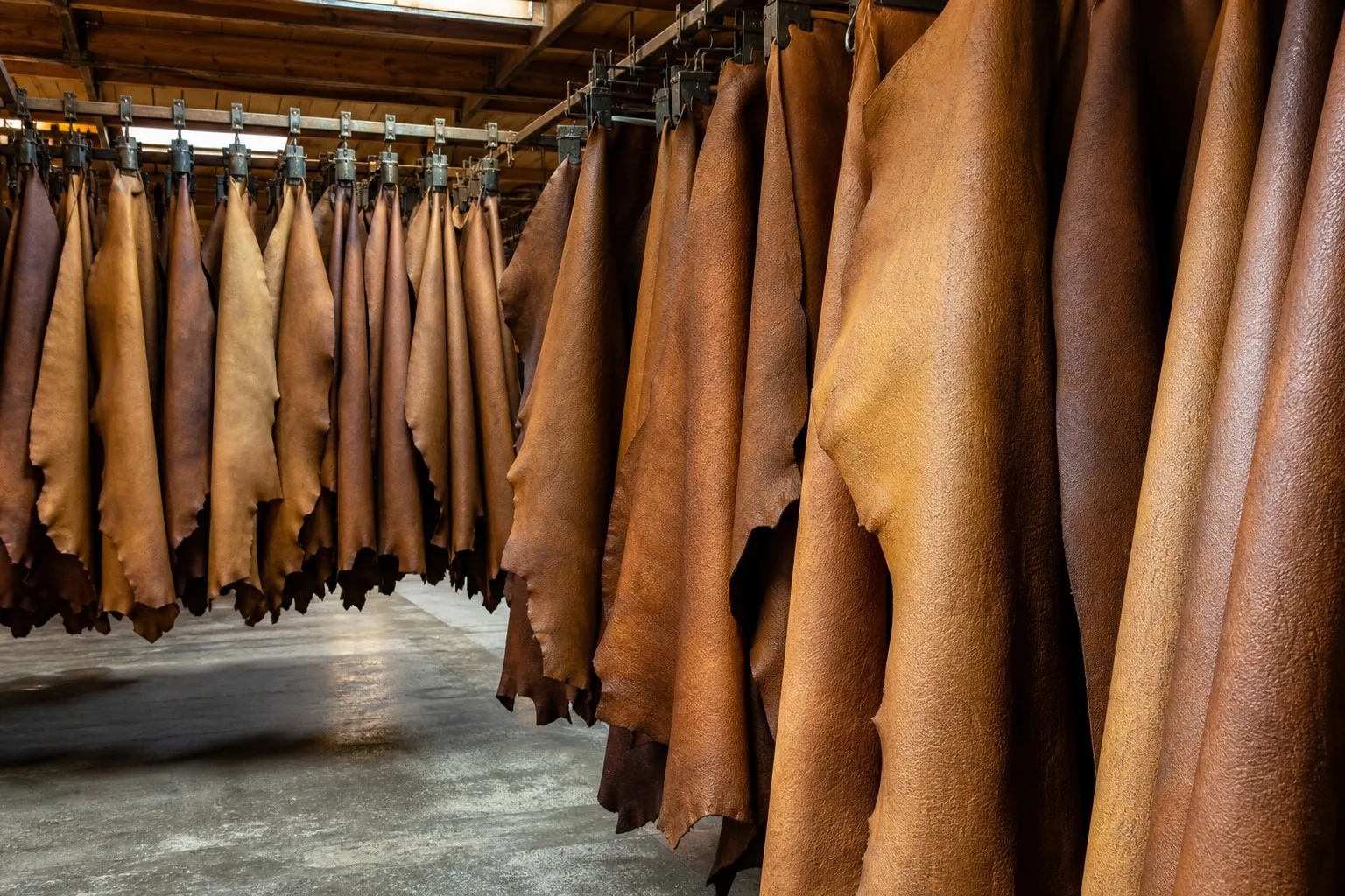 Raw hides hanging in tannery drying room