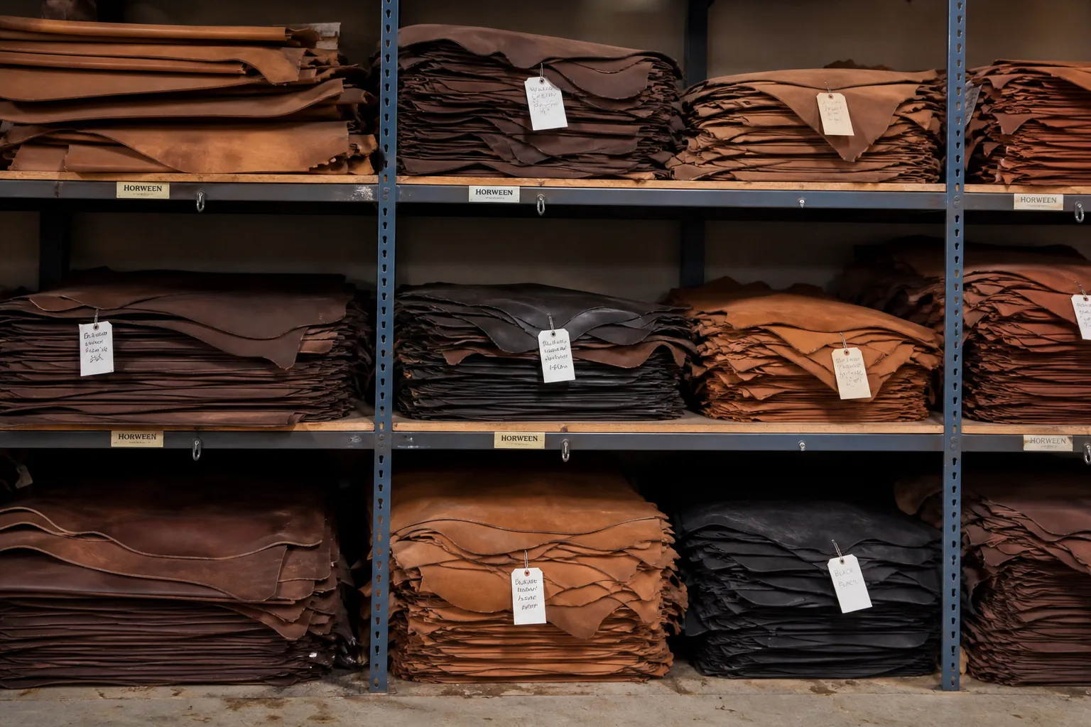 Leather hides stacked in graded piles