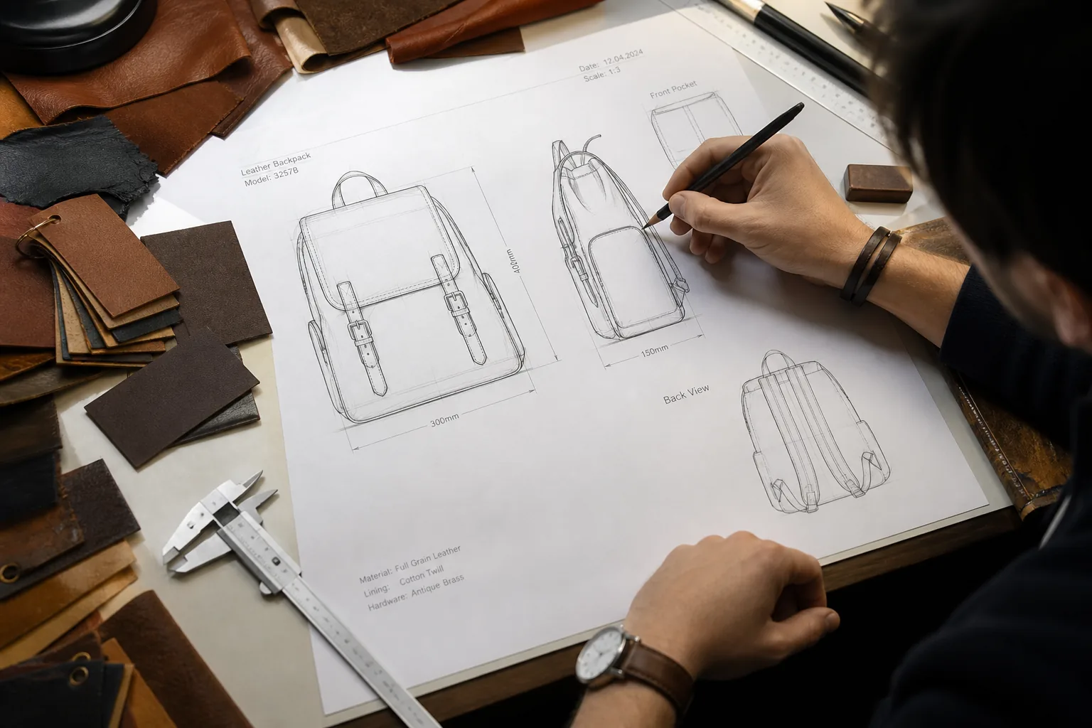 Bag designer sketching technical drawings at a drafting table