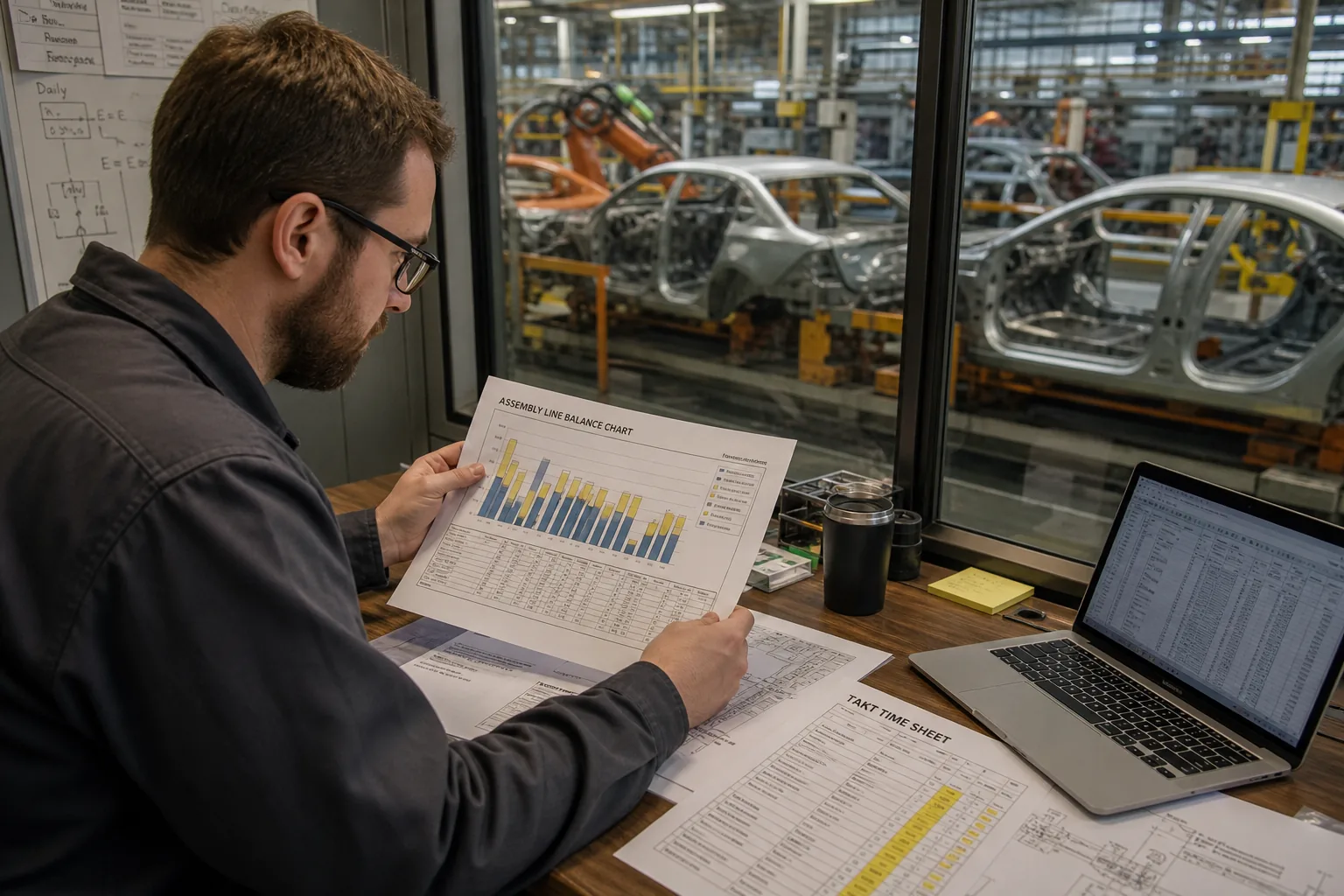 Production planner reviewing line balance chart