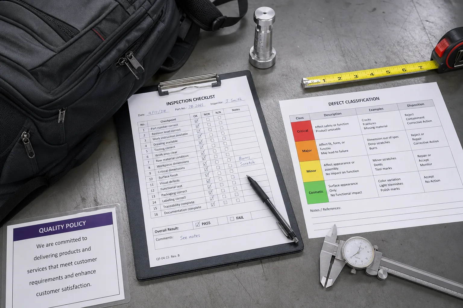 Inspection checklist and defect classification sheets at the QC table