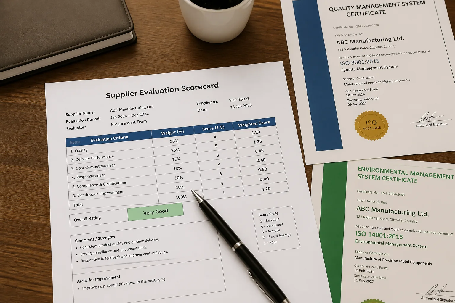 Supplier evaluation scorecard document on an office desk