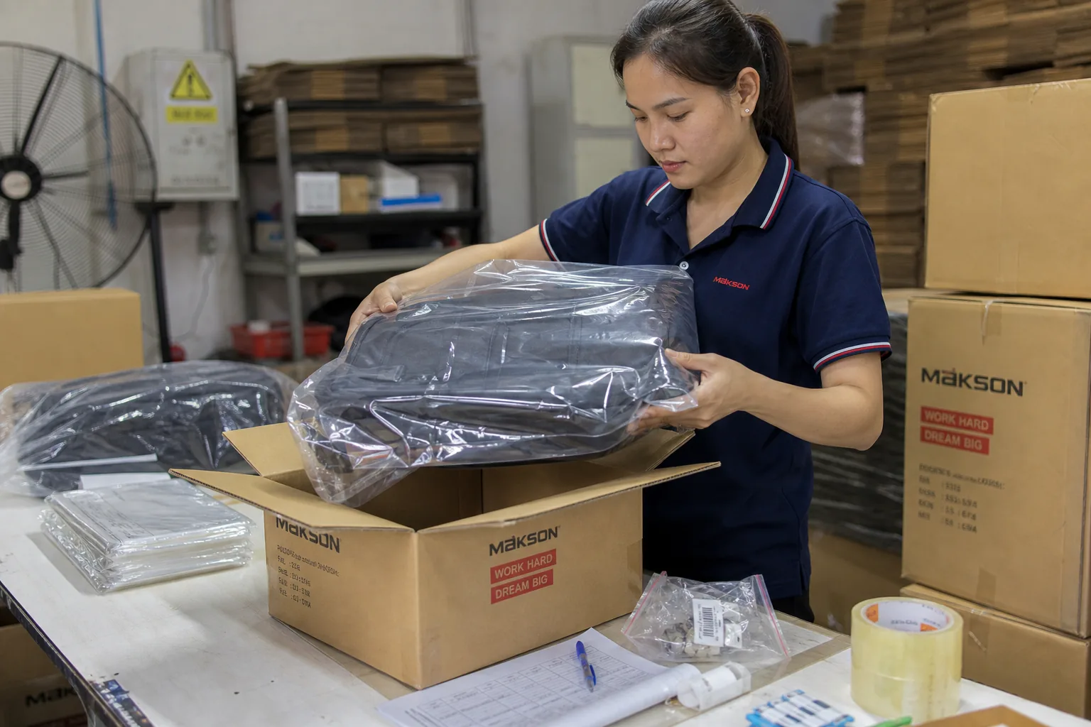 Worker packing a backpack into a polybag and carton at a packing station