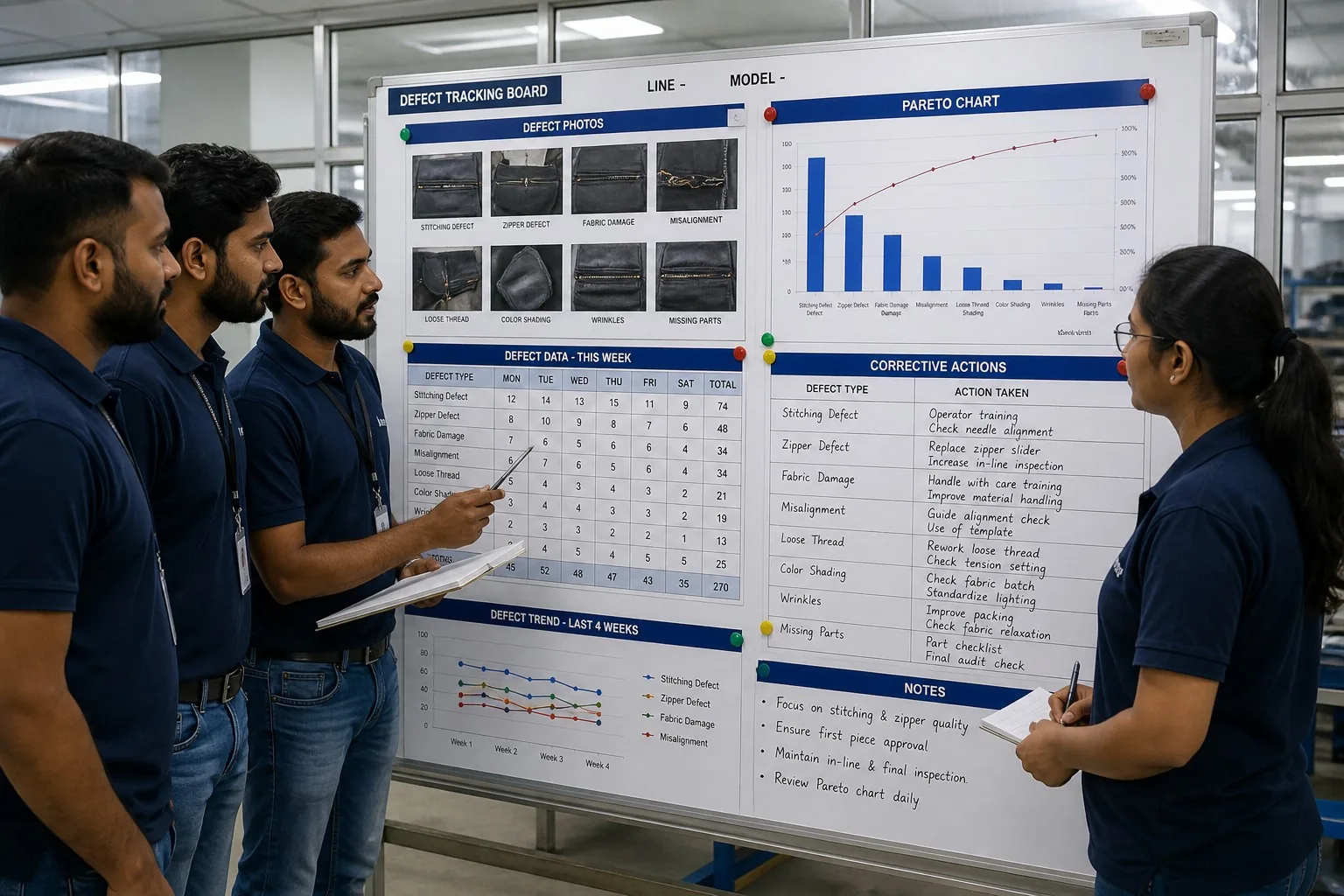 Defect tracking board with Pareto charts in quality room