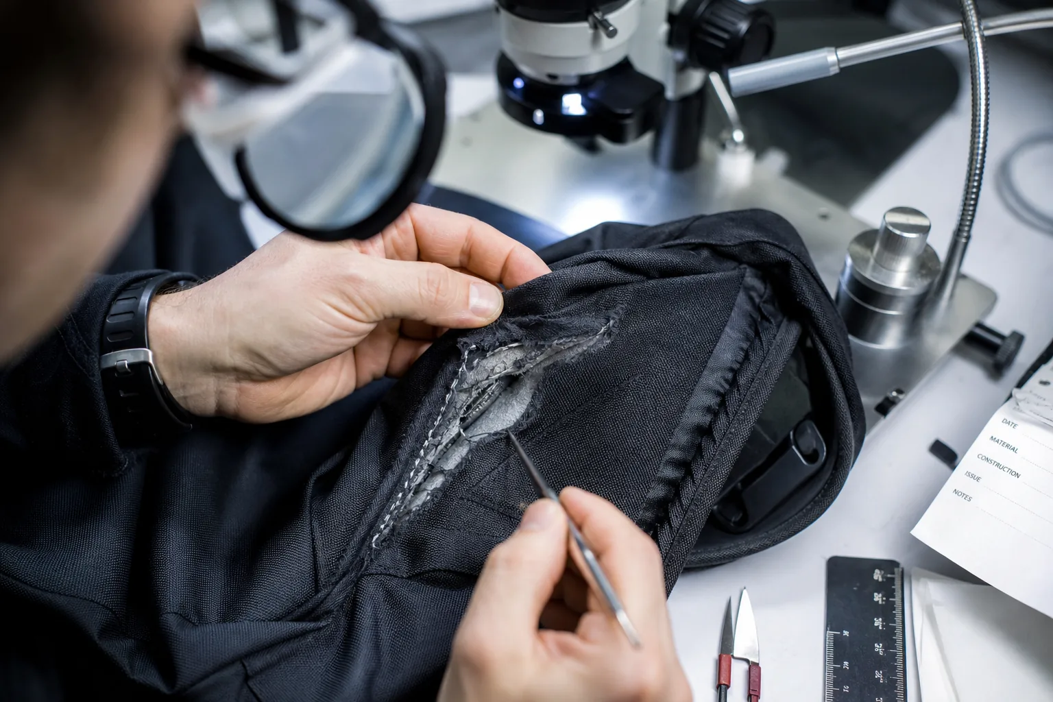 Failed backpack seam opened for inspection on a lab bench